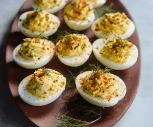 Creamy Southern Deviled Eggs with paprika garnish on a platter, perfect for parties and gatherings.