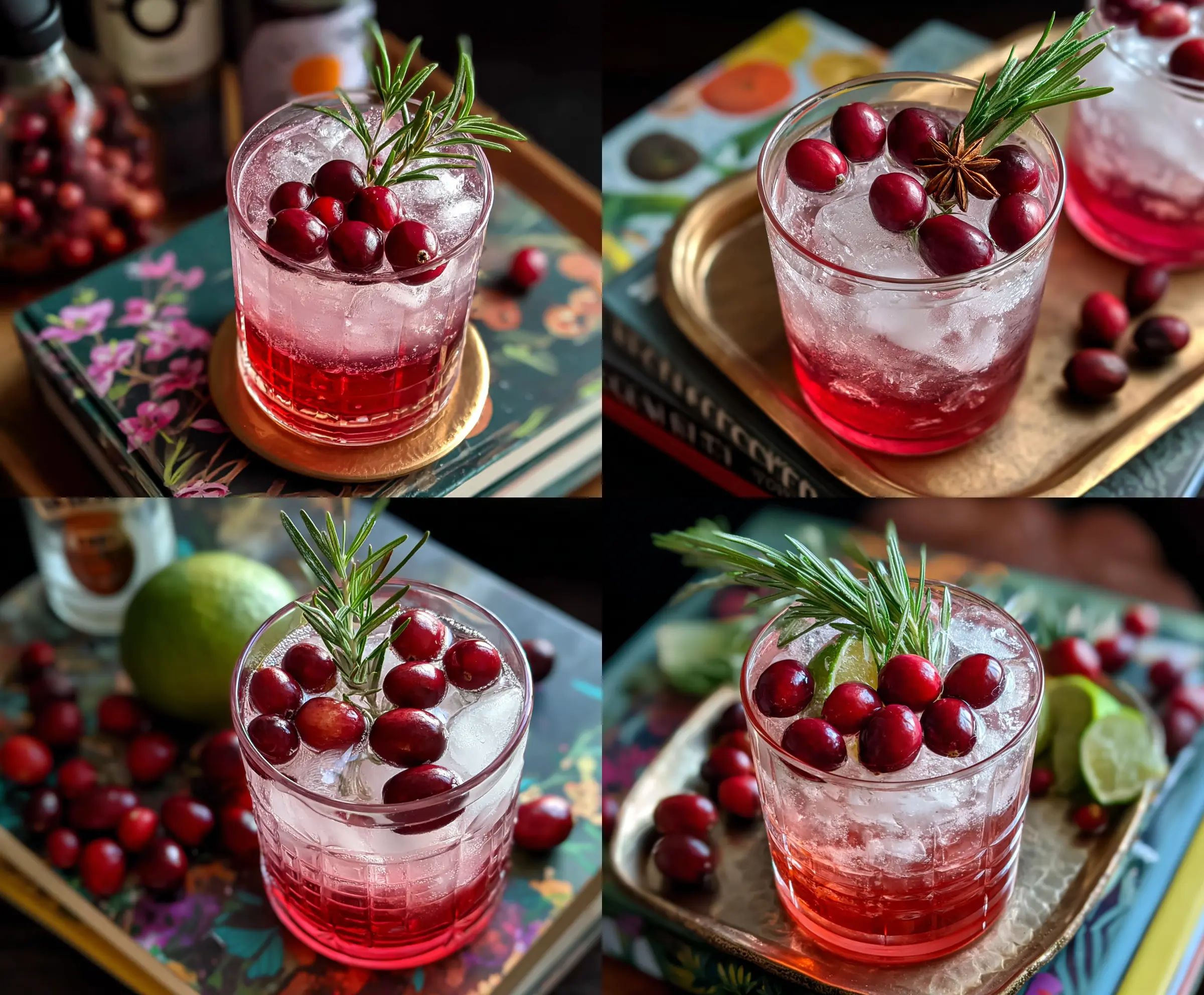 Refreshing spiced cranberry gin and tonic cocktail garnished with fresh cranberries and citrus slices.