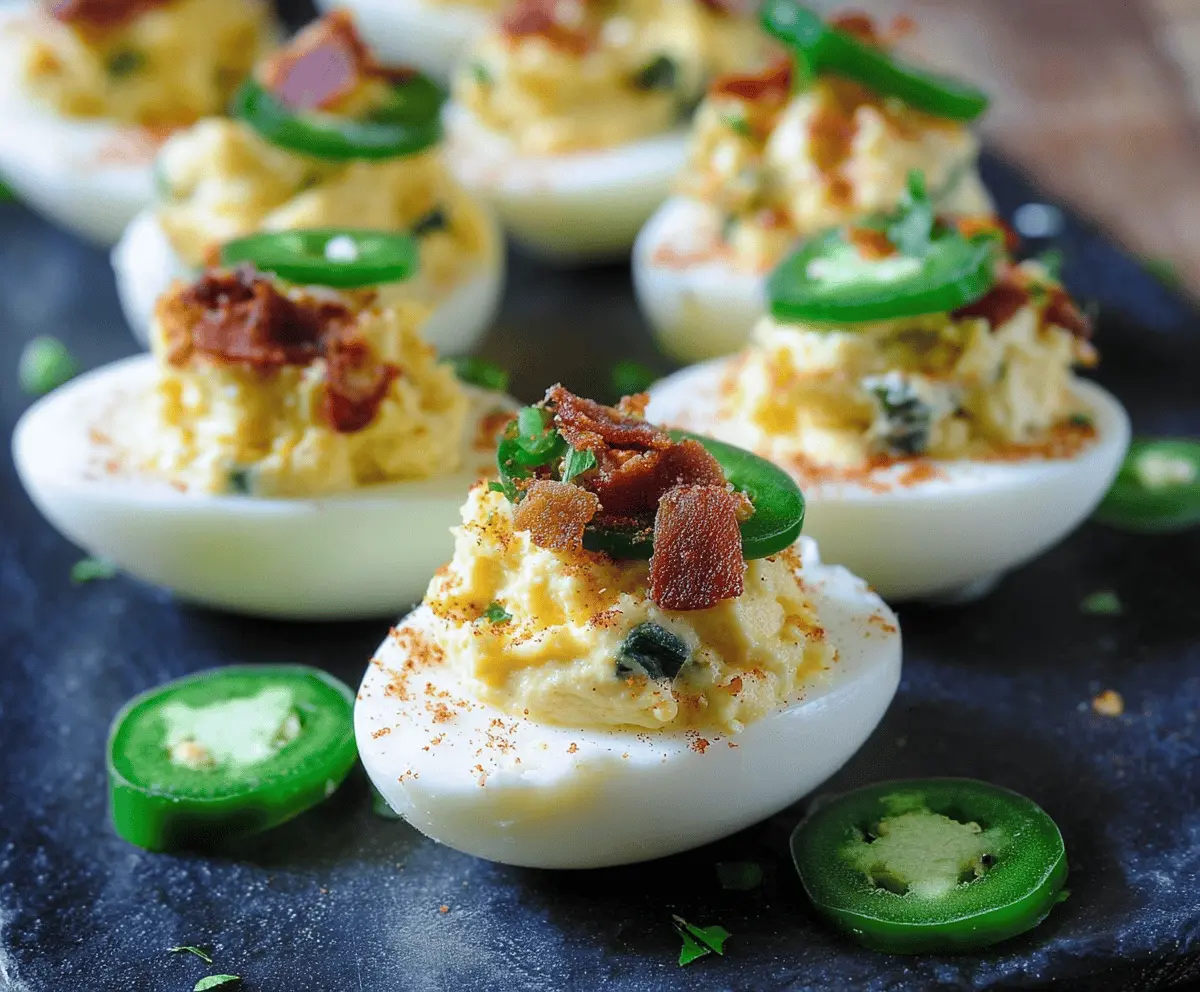 Delicious spicy jalapeño popper deviled eggs garnished with herbs on a plate.