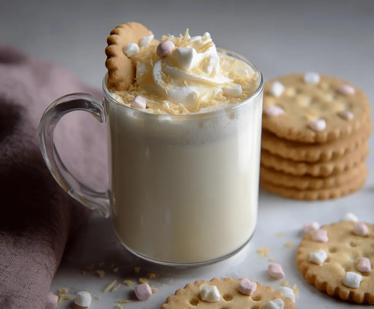 Creamy Sugar Cookie White Hot Chocolate topped with whipped cream and colorful sprinkles in a festive mug.