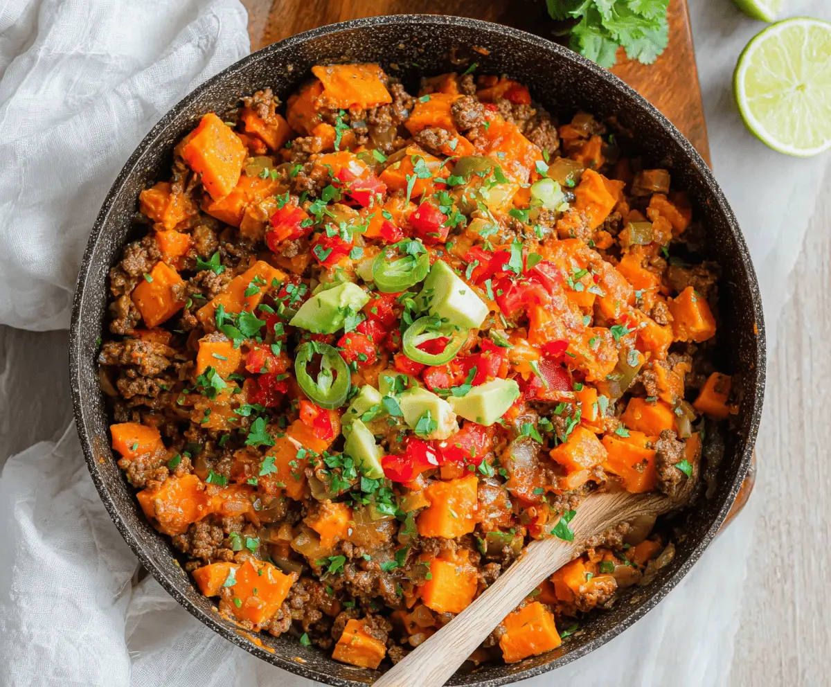 Delicious sweet potato and ground beef skillet served in a vibrant, rustic dish.