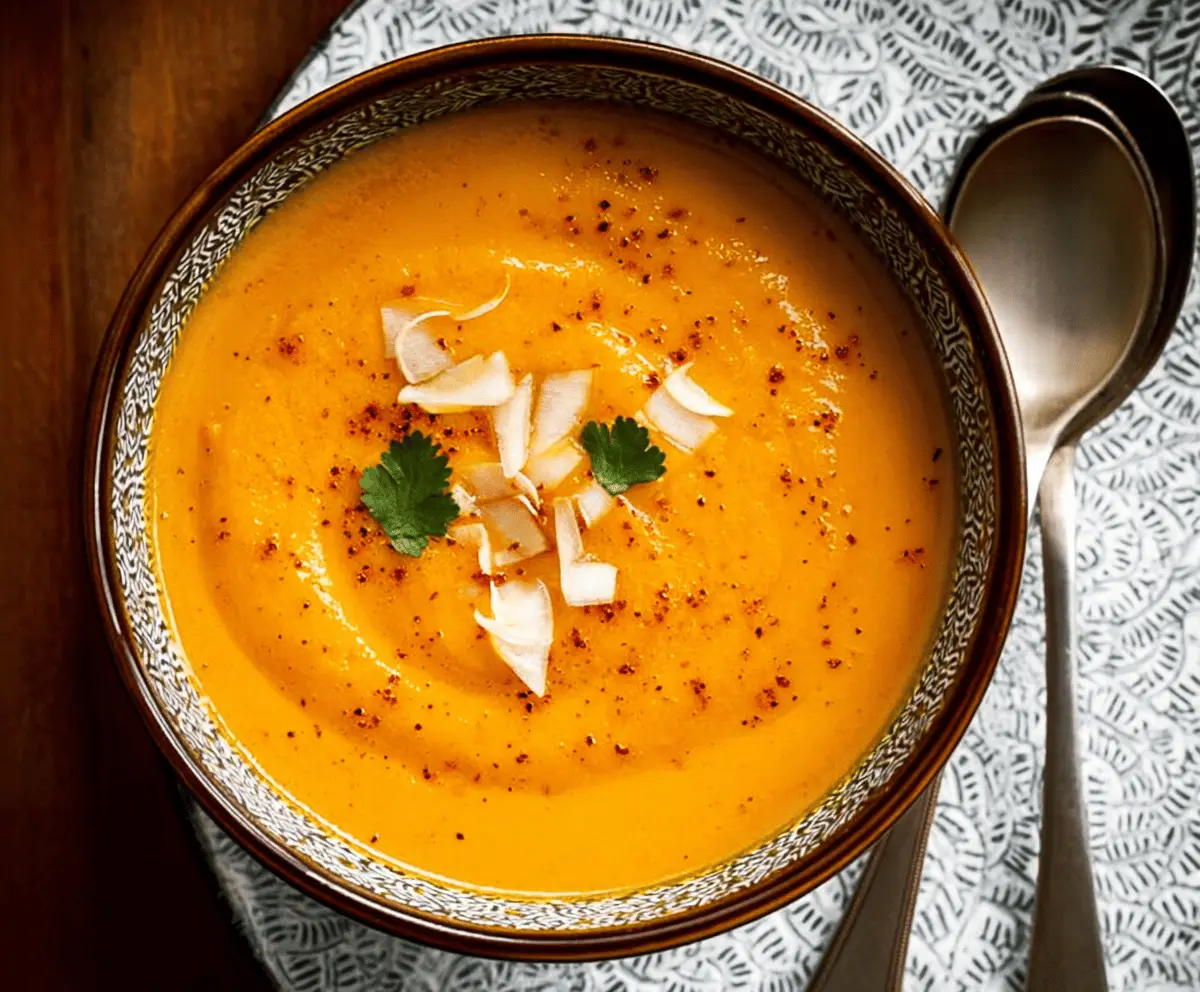 Delicious bowl of sweet potato and carrot curry soup garnished with herbs.