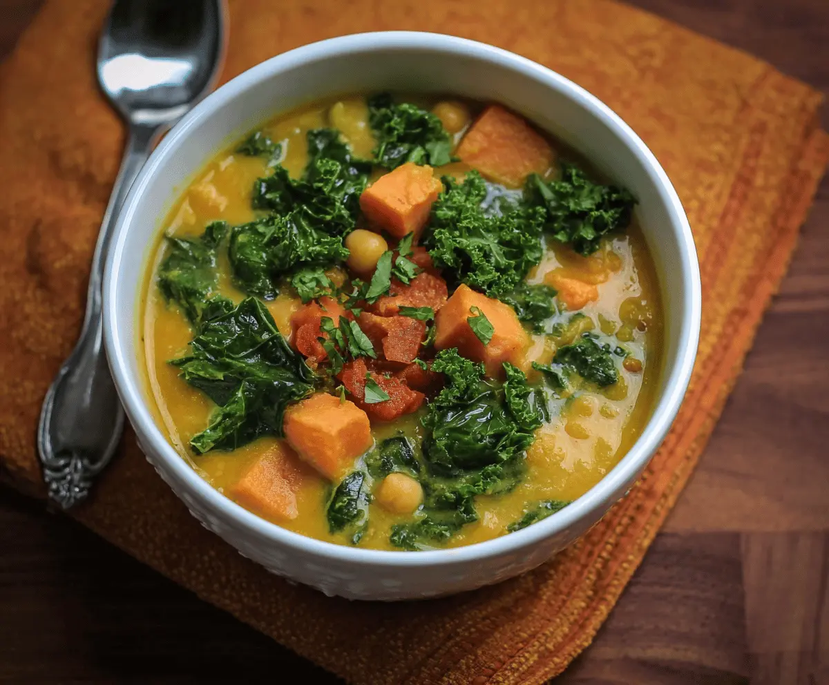Delicious bowl of Sweet Potato Kale Soup with vibrant greens and creamy orange, garnished with herbs.