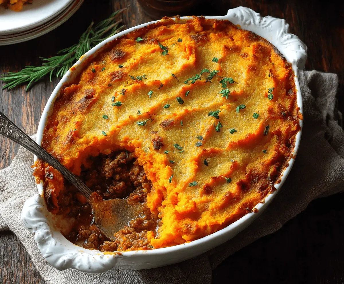 Delicious Sweet Potato Shepherd’s Pie topped with golden mashed sweet potatoes and savory filling.