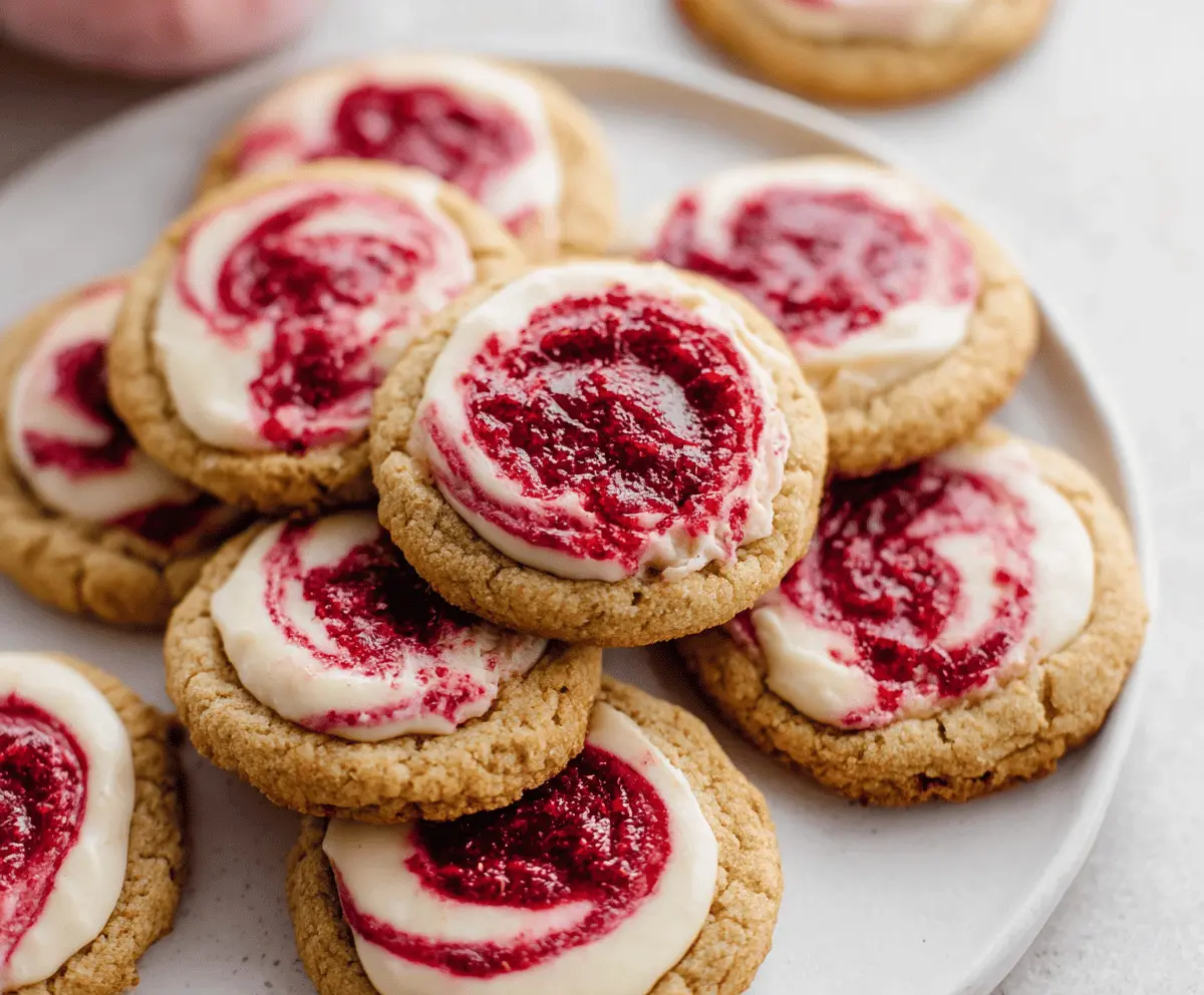 Delicious swirled raspberry cheesecake cookies with vibrant pink raspberry drizzle and creamy cheesecake filling.