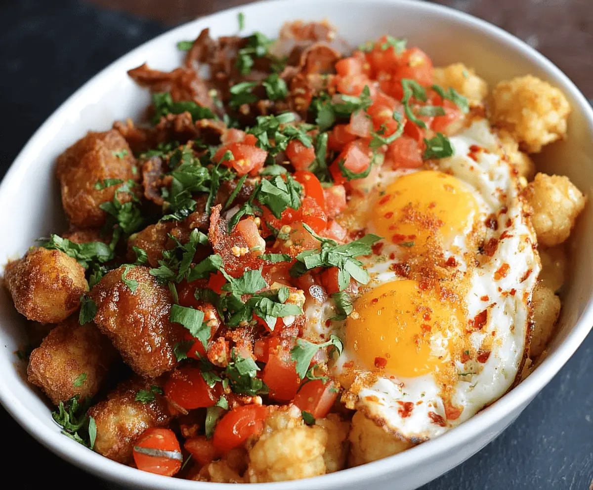 Savory Tater Tot Breakfast Bowl with eggs, cheese, and fresh herbs on a plate