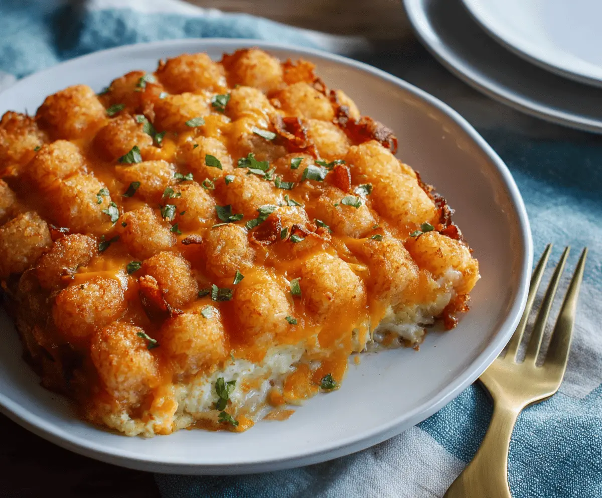 Delicious Tater Tot Egg Breakfast Casserole topped with cheese and herbs for a hearty morning meal.