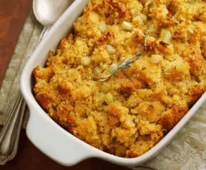 Delicious Southern Cornbread Dressing with herbs and vegetables, perfect for holiday dinners.