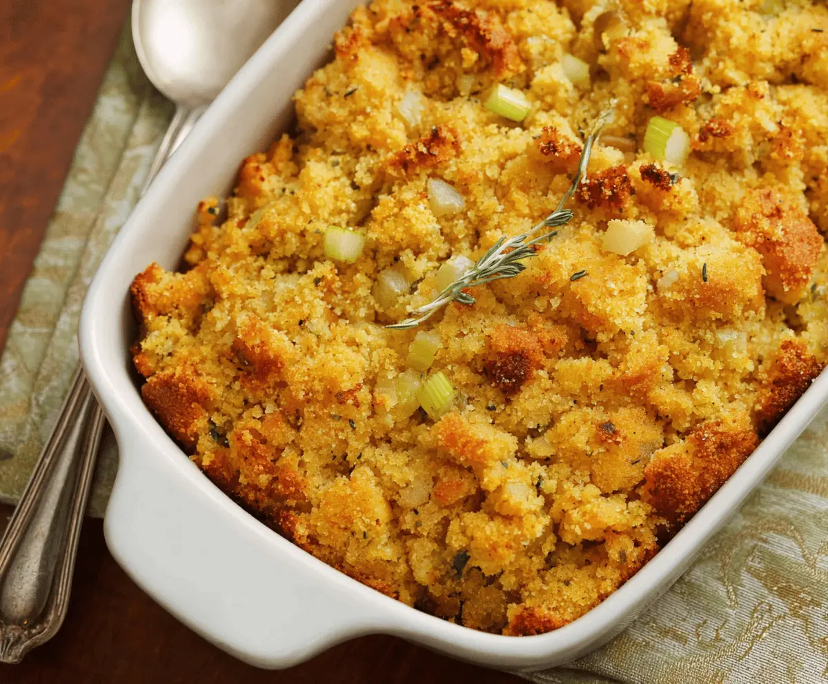 Delicious Southern Cornbread Dressing with herbs and vegetables, perfect for holiday dinners.