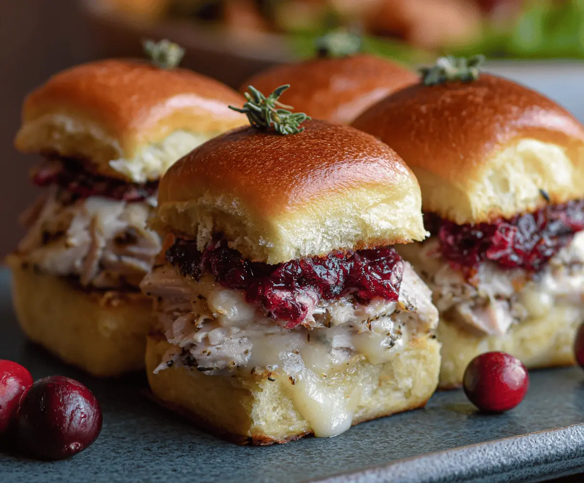 Delicious Turkey Cranberry Sliders topped with fresh herbs and served on a soft dinner roll.