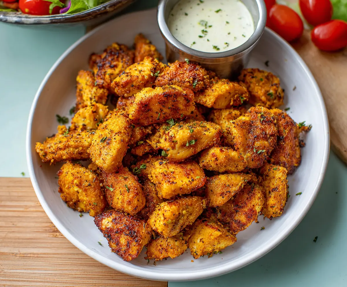 Crispy Air Fryer Chicken Bites served with dipping sauce on a plate