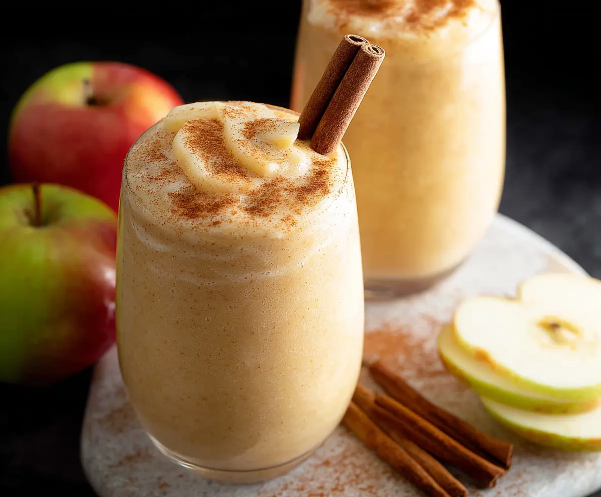 Creamy apple pie smoothie with cinnamon and whipped cream in a glass