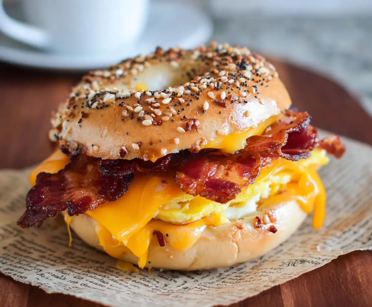 Delicious bacon, egg, and cheese breakfast bagel sandwich on a toasted bagel with crispy bacon and melted cheese.