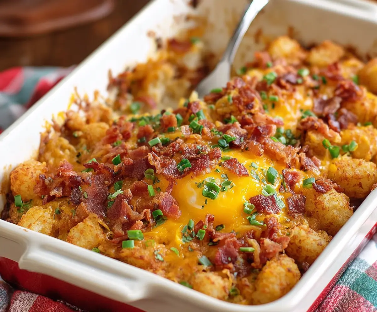Bacon, egg, and tater tot casserole served in a baking dish with melted cheese on top.