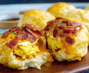 Bacon and egg breakfast biscuits with melted cheese inside, golden and crispy.