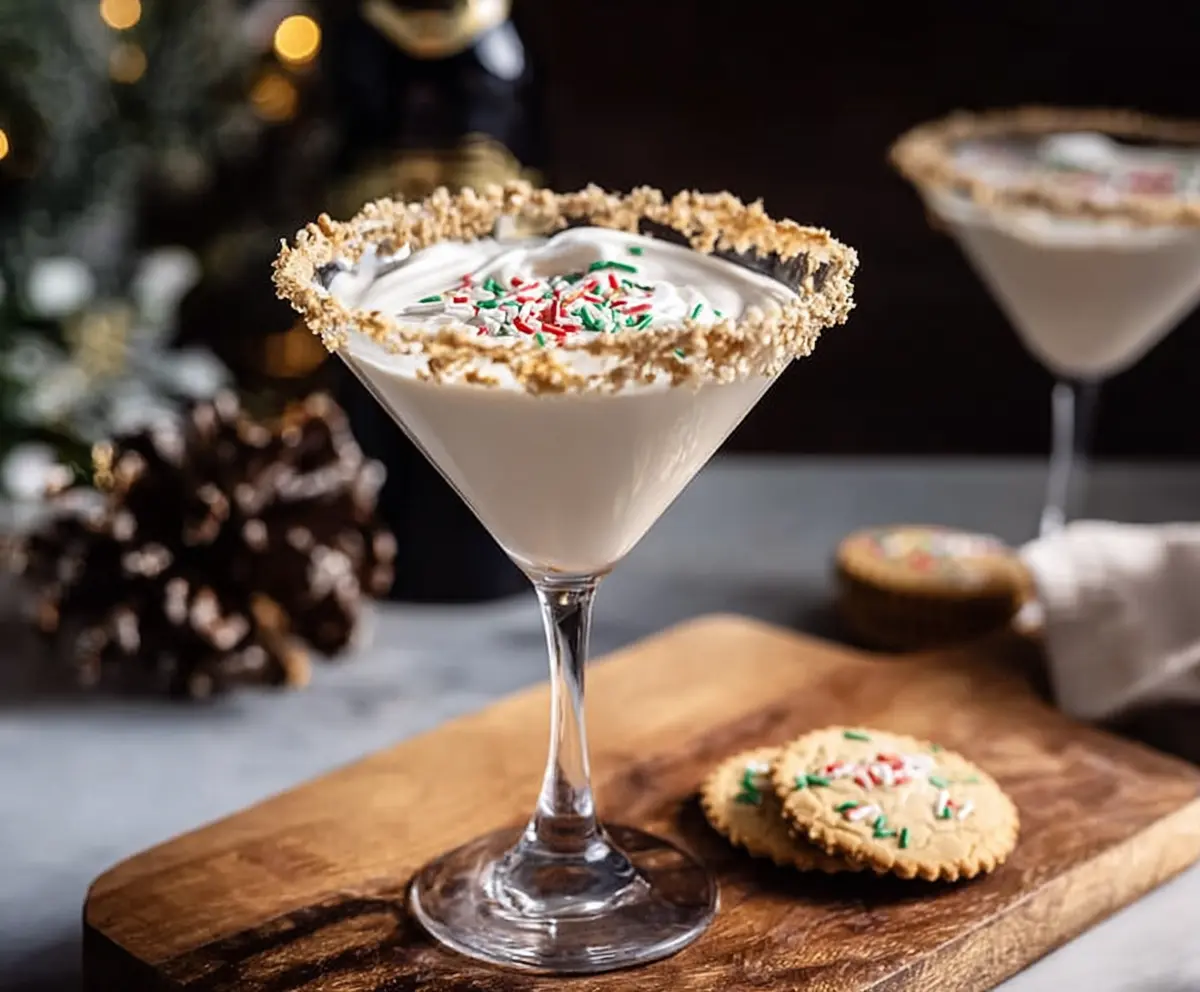 Creamy Baileys Sugar Cookie Martini served in a cocktail glass garnished with sugar crystals.