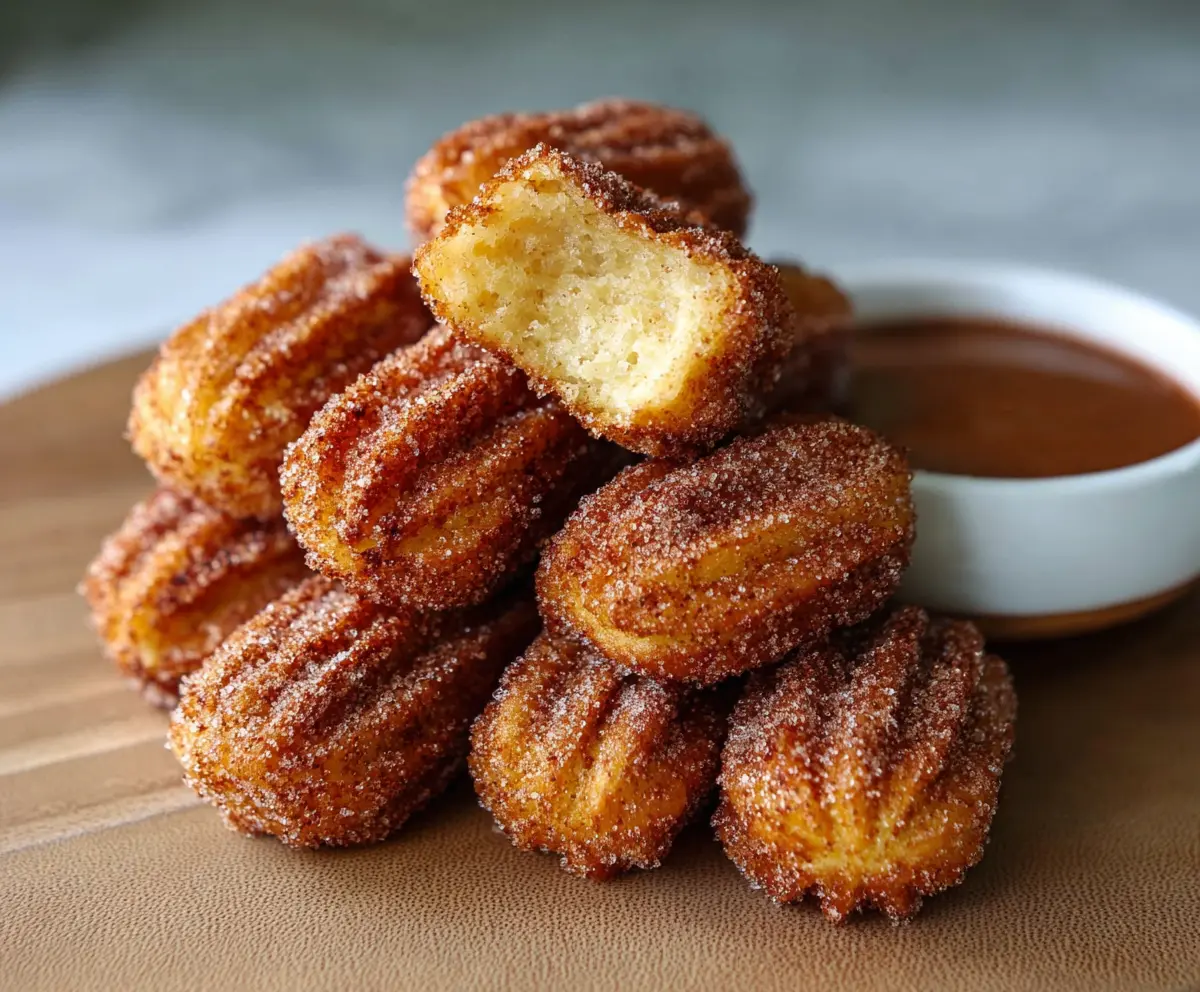 Golden baked churro bites served with chocolate sauce, perfect for a sweet treat.