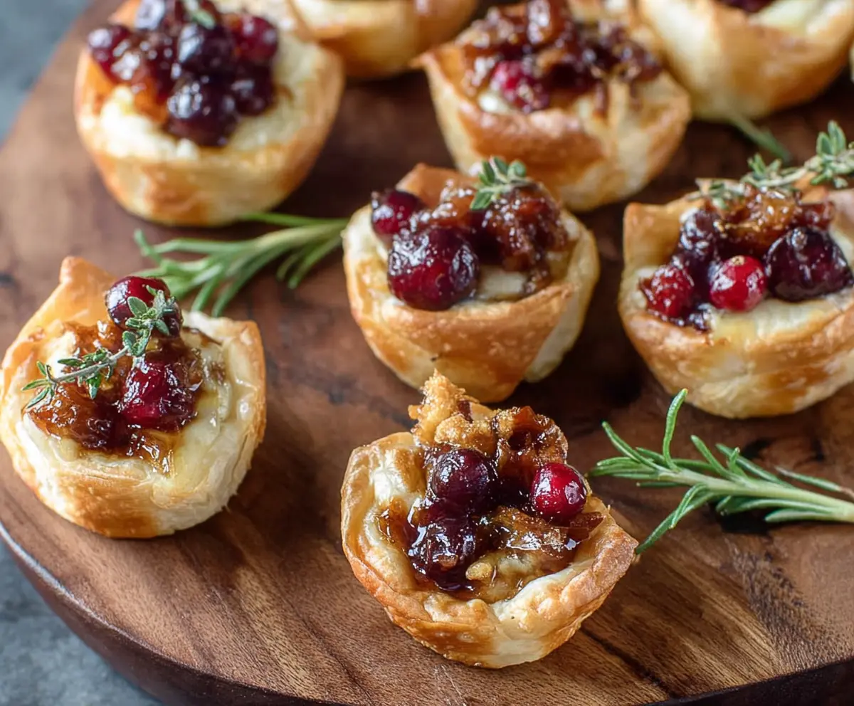 Delicious baked cranberry brie bites served on a plate, perfect for holiday parties and festive gatherings.