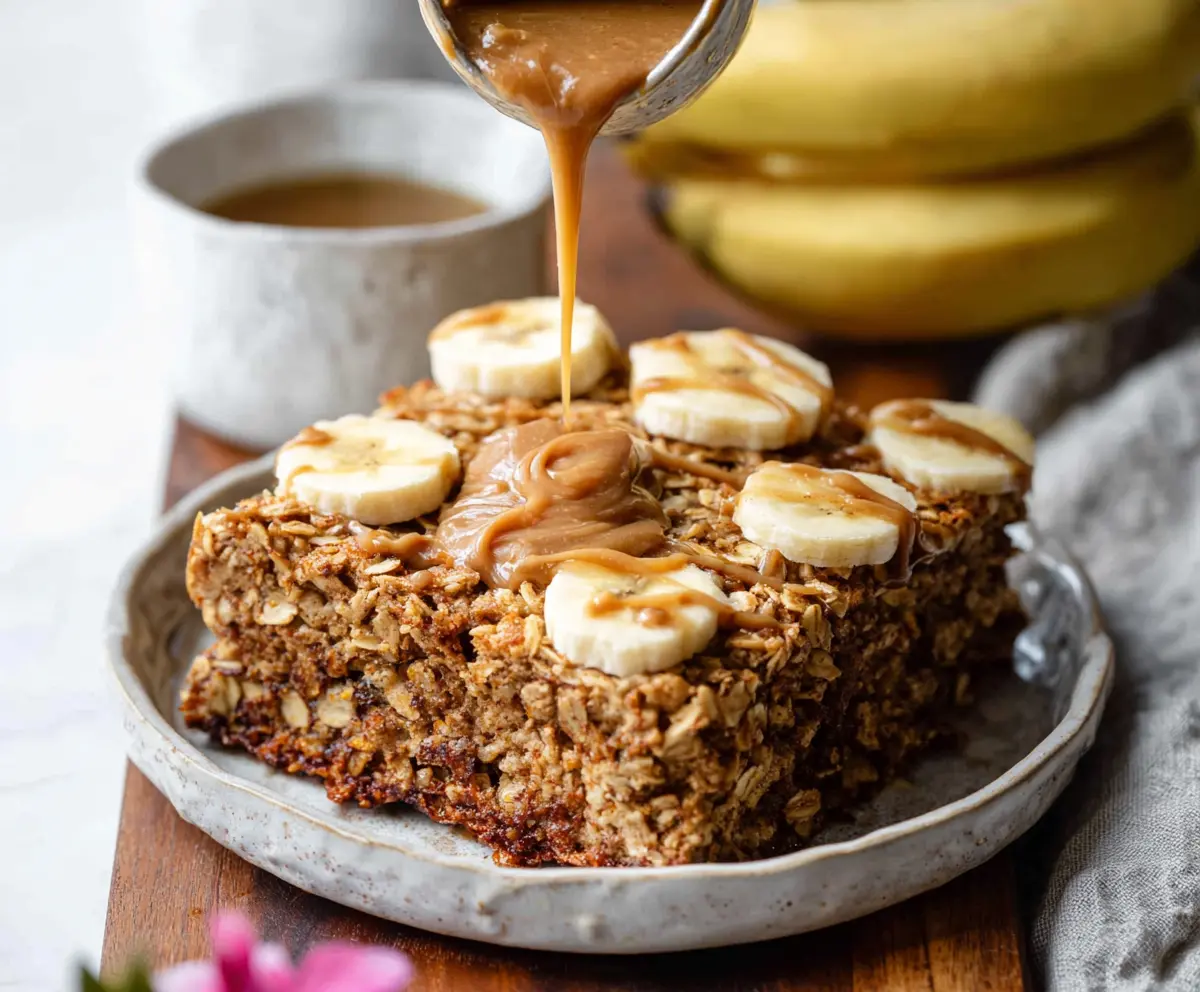 Delicious Banana Bread Baked Oatmeal in a baking dish, topped with banana slices and walnuts.
