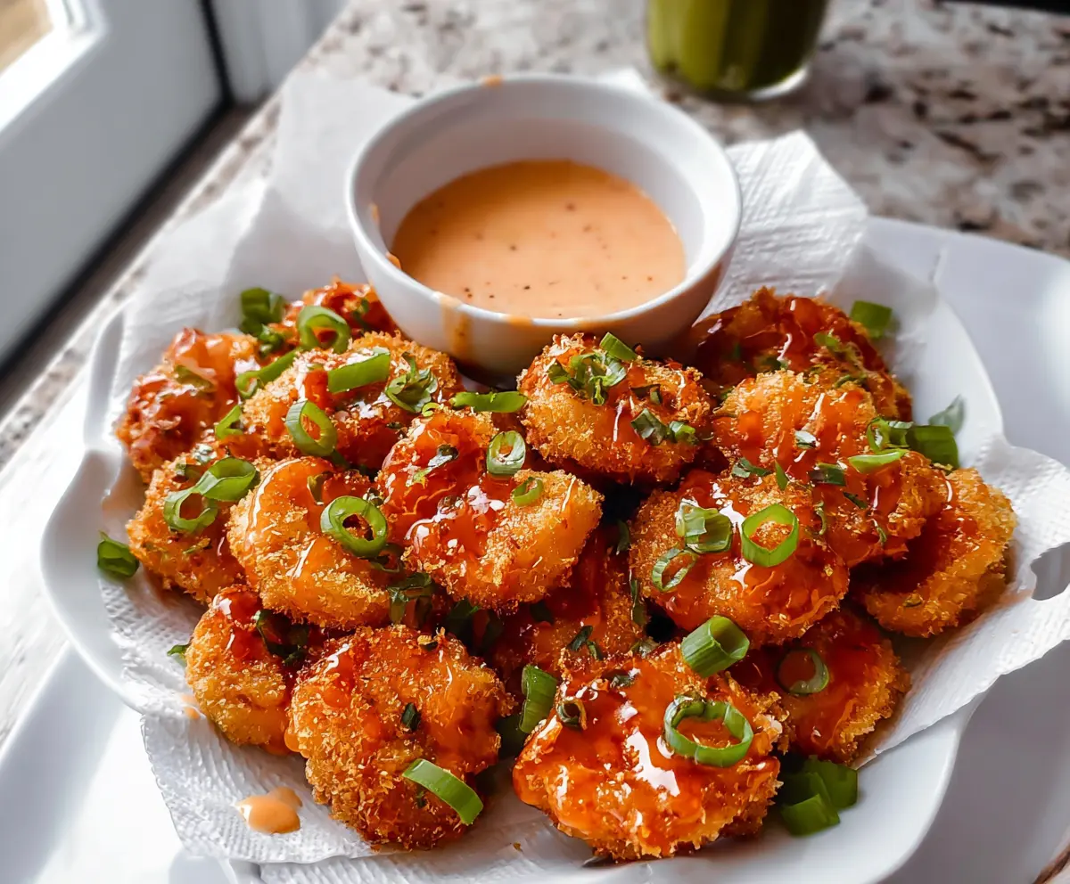 Crispy Bang Bang Shrimp Bites served with a spicy mayo dipping sauce on a white plate.