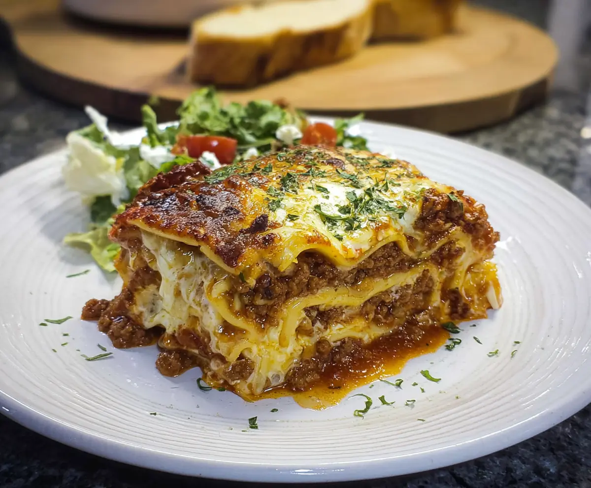 Delicious Bison Lasagna with layers of rich meat sauce and melted cheese served on a plate.