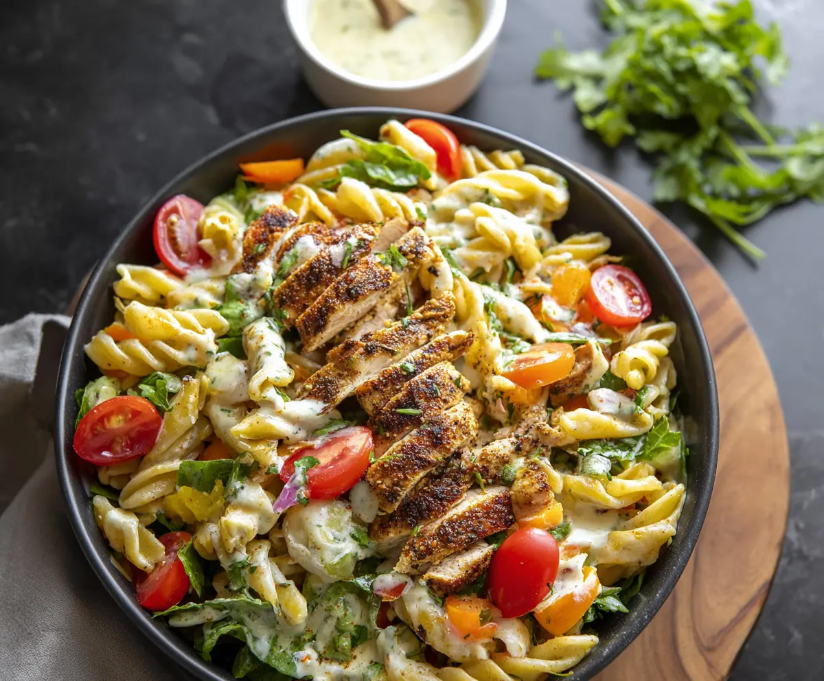 Fresh blackened chicken pasta salad with vibrant vegetables and herbs on a white plate