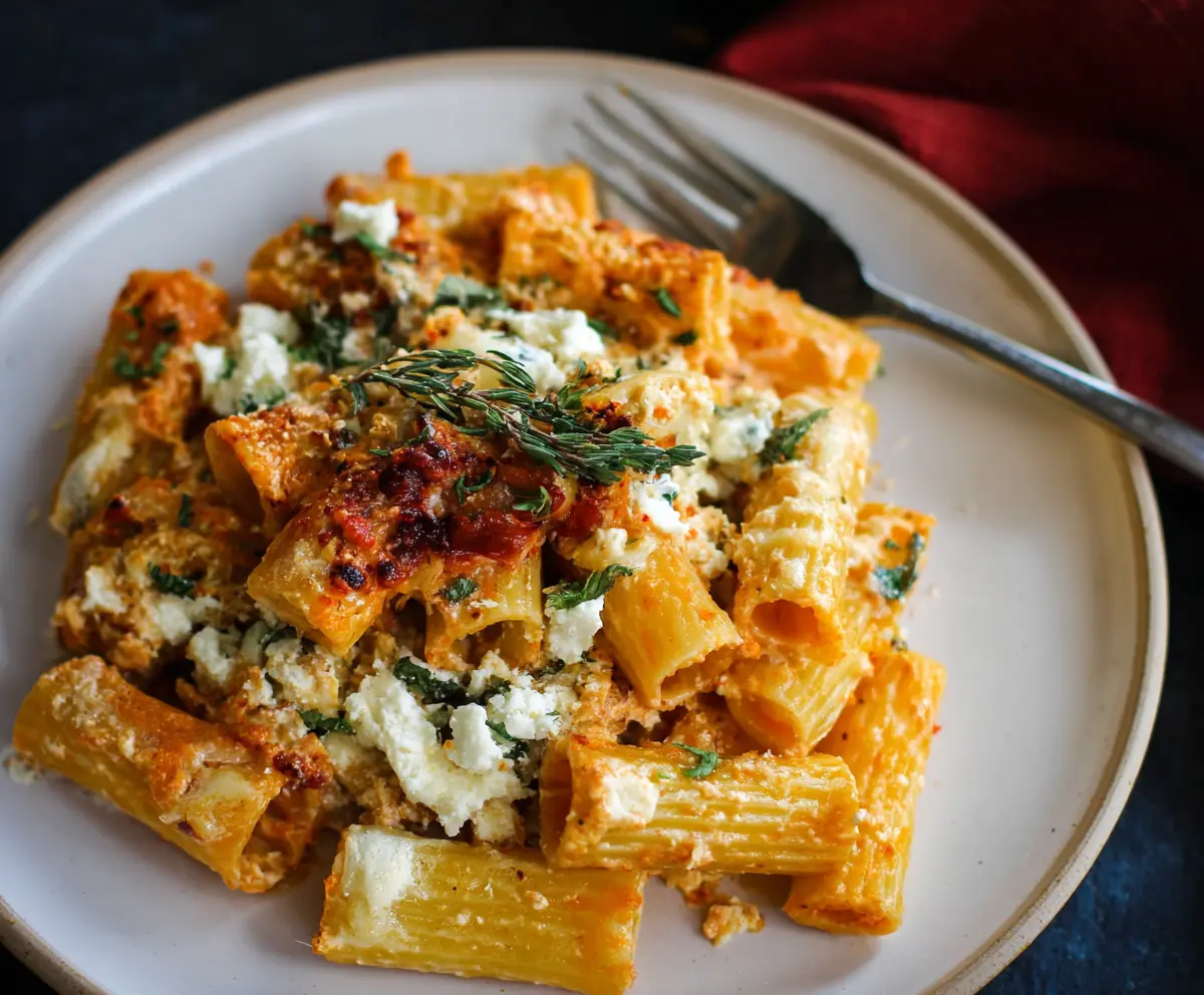Creamy Boursin cheese rigatoni pasta dish with herbs and melted cheese topping.