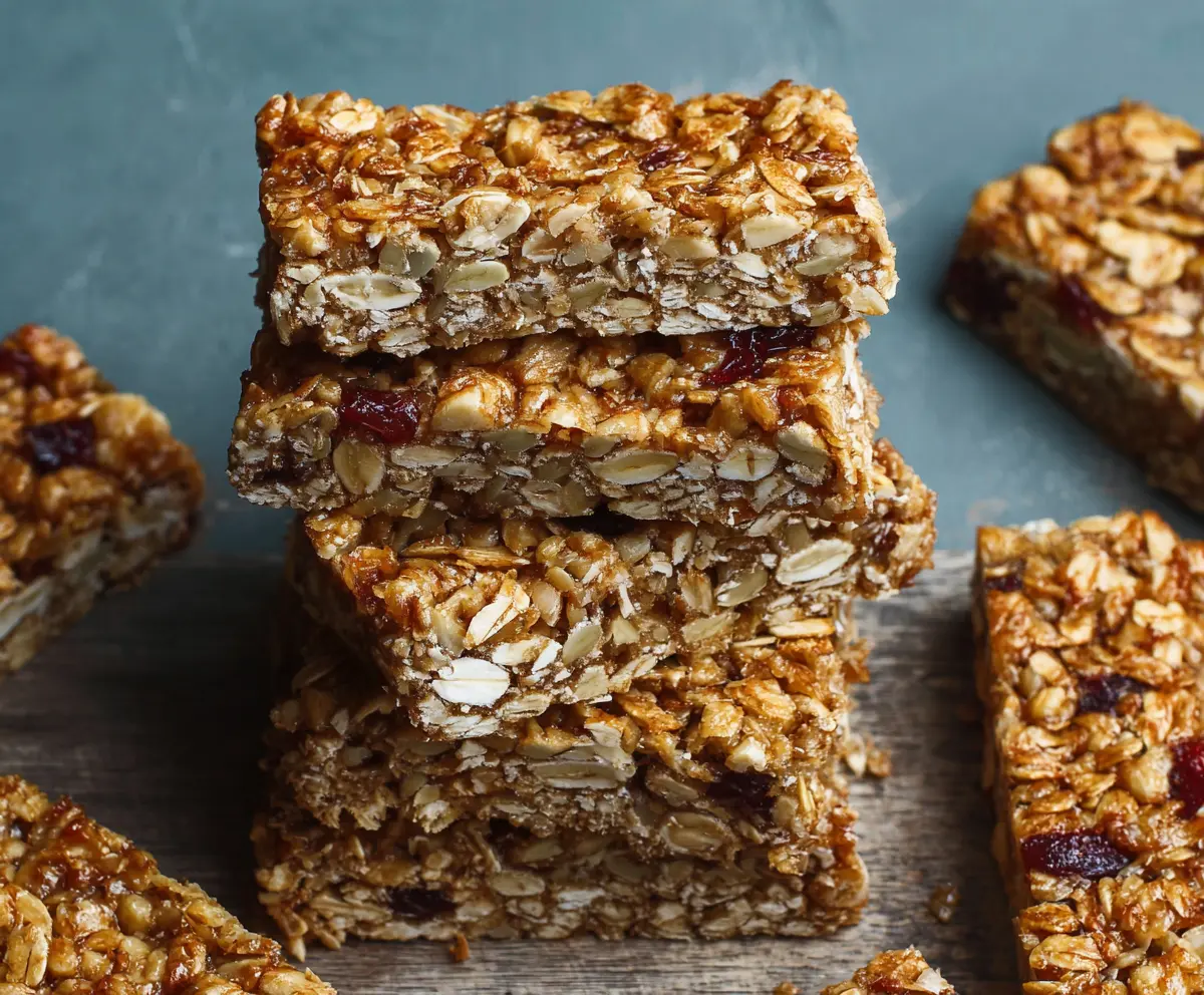 Homemade breakfast bars with oats, nuts, and dried fruits on a rustic wooden background.