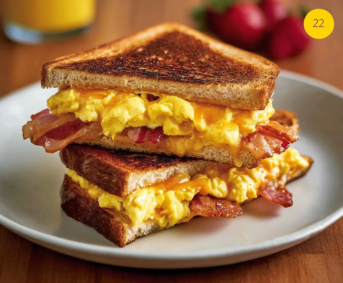 Delicious breakfast grilled cheese with scrambled eggs, crispy bacon, and melted cheese on toasted bread.