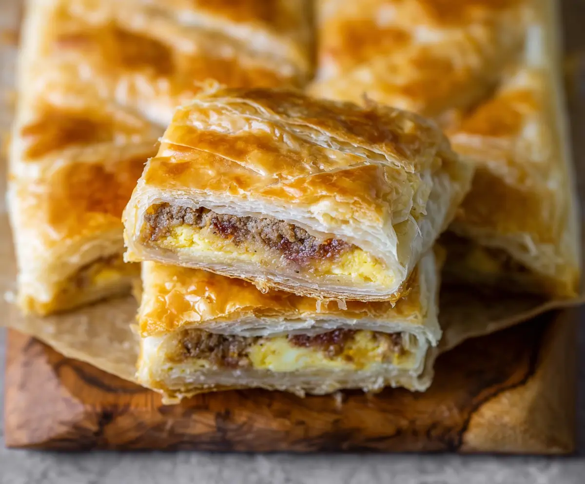 Delicious breakfast stuffed puff pastry bars filled with cheese, veggies, and ham, ready to enjoy.
