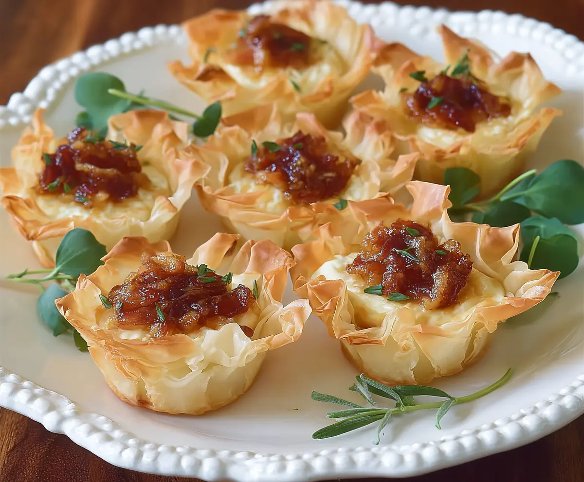 Delicious Brie and Bacon Phyllo Cups served as a savory appetizer with crispy phyllo pastry, melted Brie cheese, and crispy bacon bits.