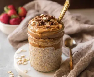 Creamy brown sugar espresso overnight oats in a glass jar topped with fresh berries and a sprig of mint.