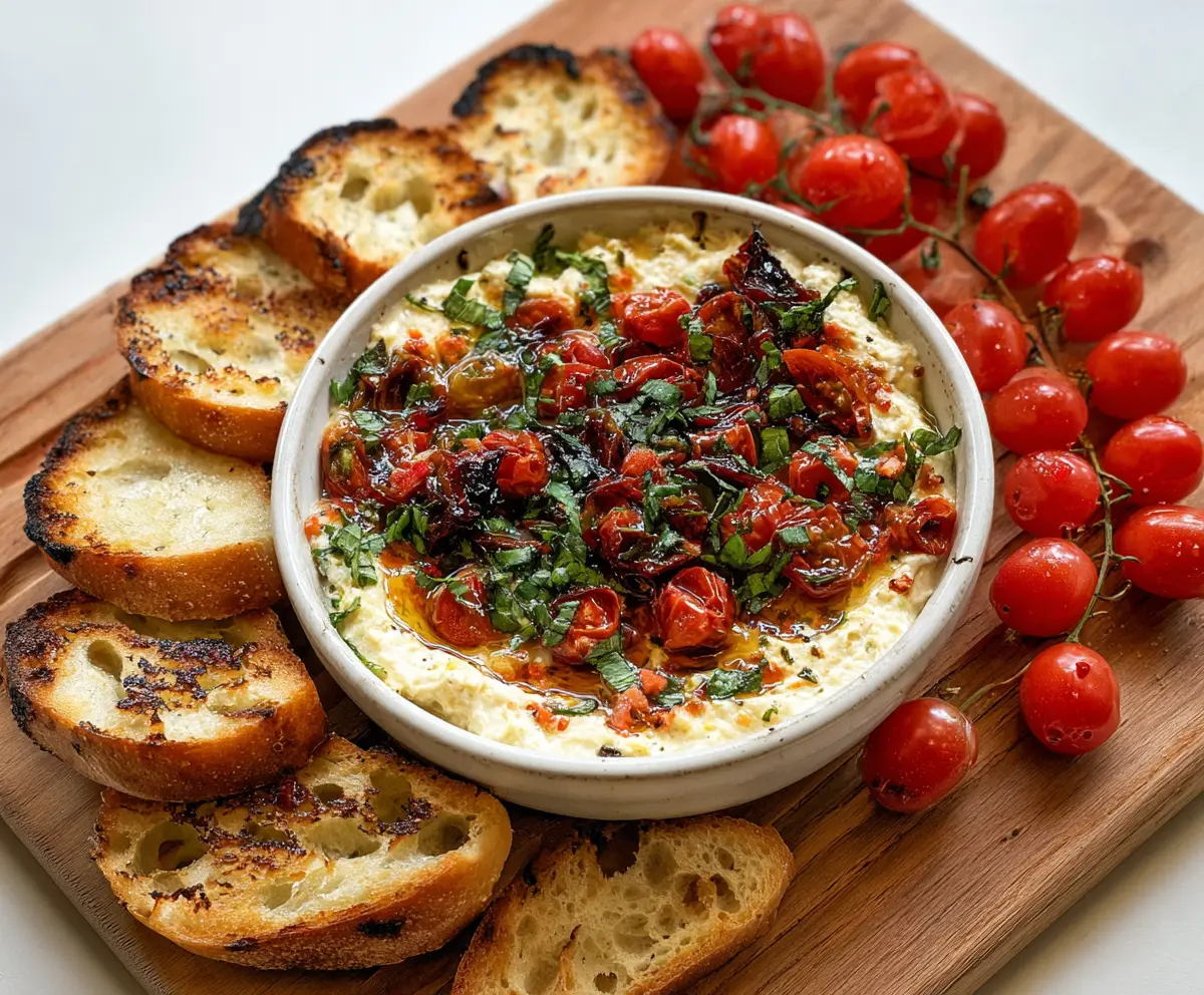 Creamy bruschetta dip topped with fresh basil and diced tomatoes served with crispy bread slices