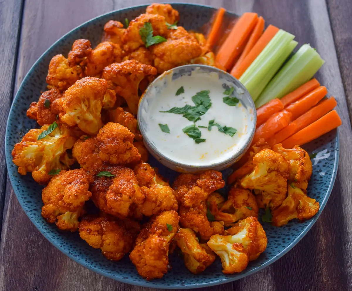 Crispy buffalo cauliflower wings served with dipping sauce, perfect for a vegetarian snack or appetizer.