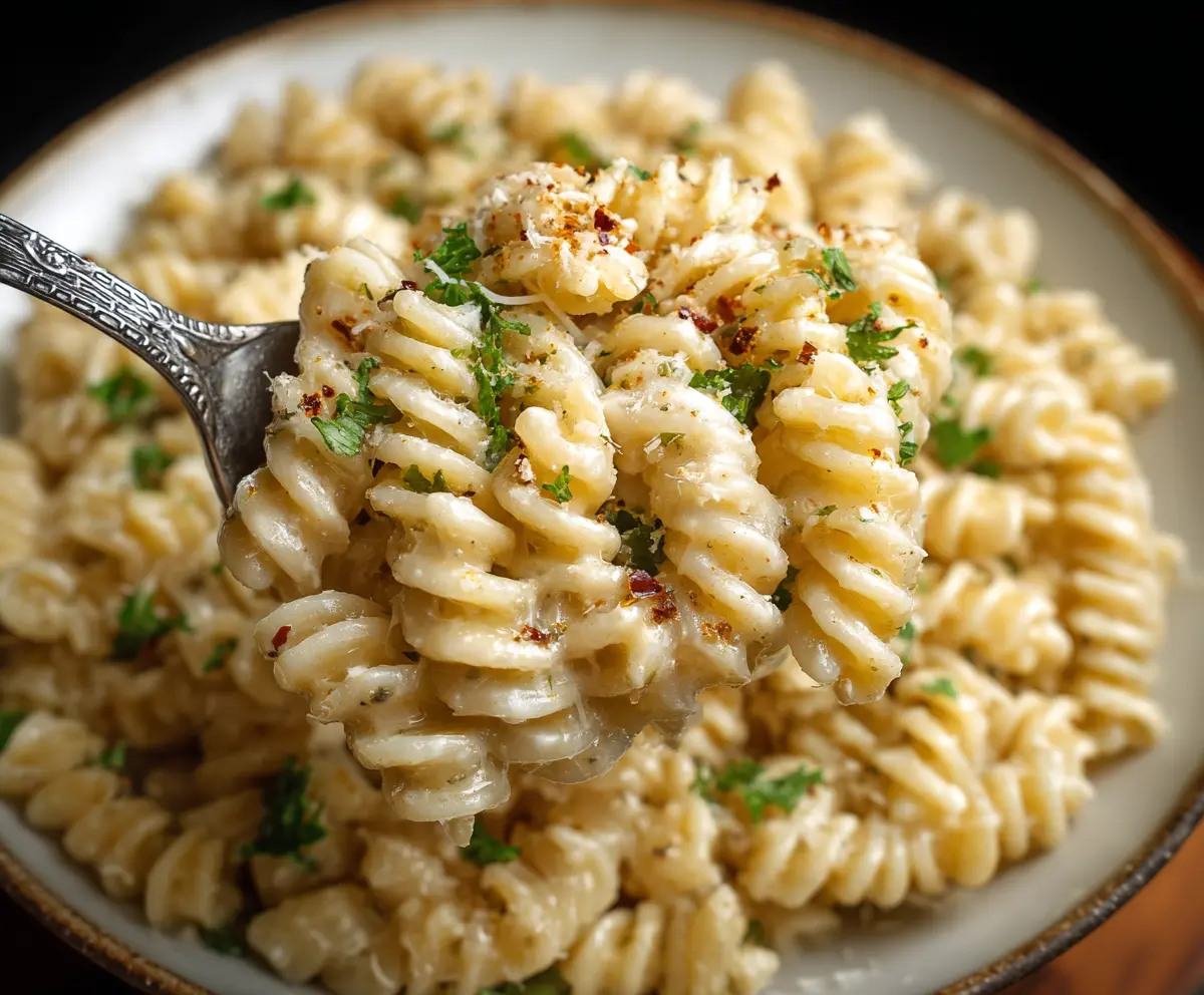 Creamy Butter Parmesan Pasta with freshly grated cheese and aromatic herbs on a rustic plate.