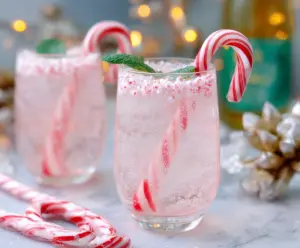 Festive Candy Cane Spritzer cocktail garnished with a candy cane and mint leaves in a clear glass.