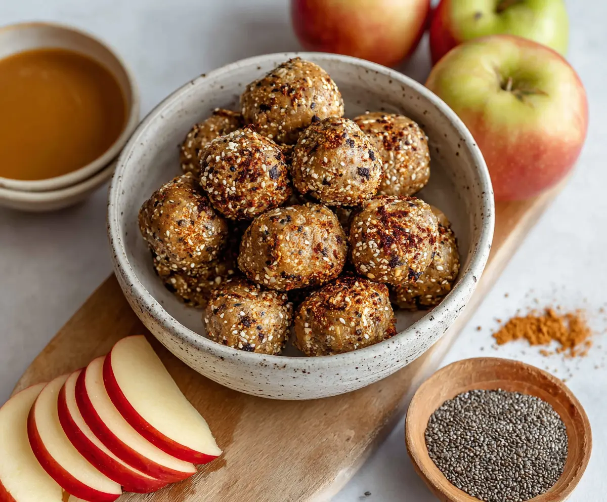 Delicious Caramel Apple Protein Bites, a healthy snack with glossy caramel coating and crunchy apple pieces.