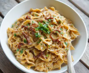 Delicious caramelized onion pasta with golden-brown onions and al dente noodles on a rustic wooden table.