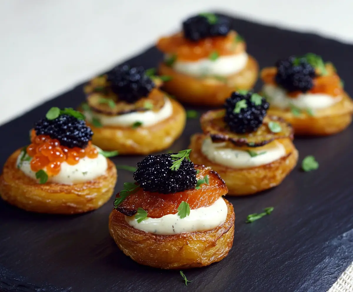 Delicious Caviar Potato Bites served as an elegant appetizer with fresh caviar and crispy potatoes.
