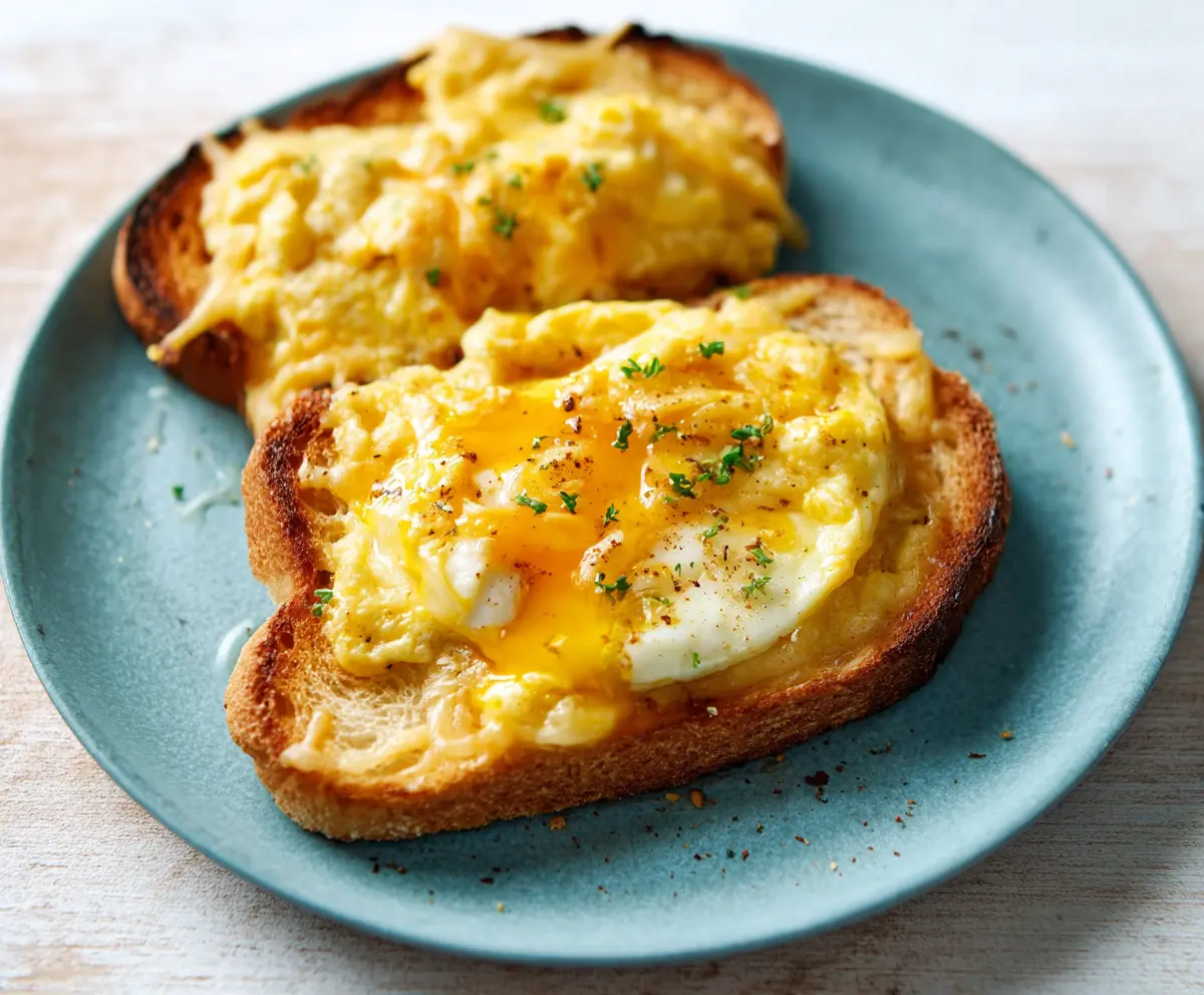 Delicious cheesy egg toast topped with melted cheese and crispy bread, perfect for breakfast or brunch.