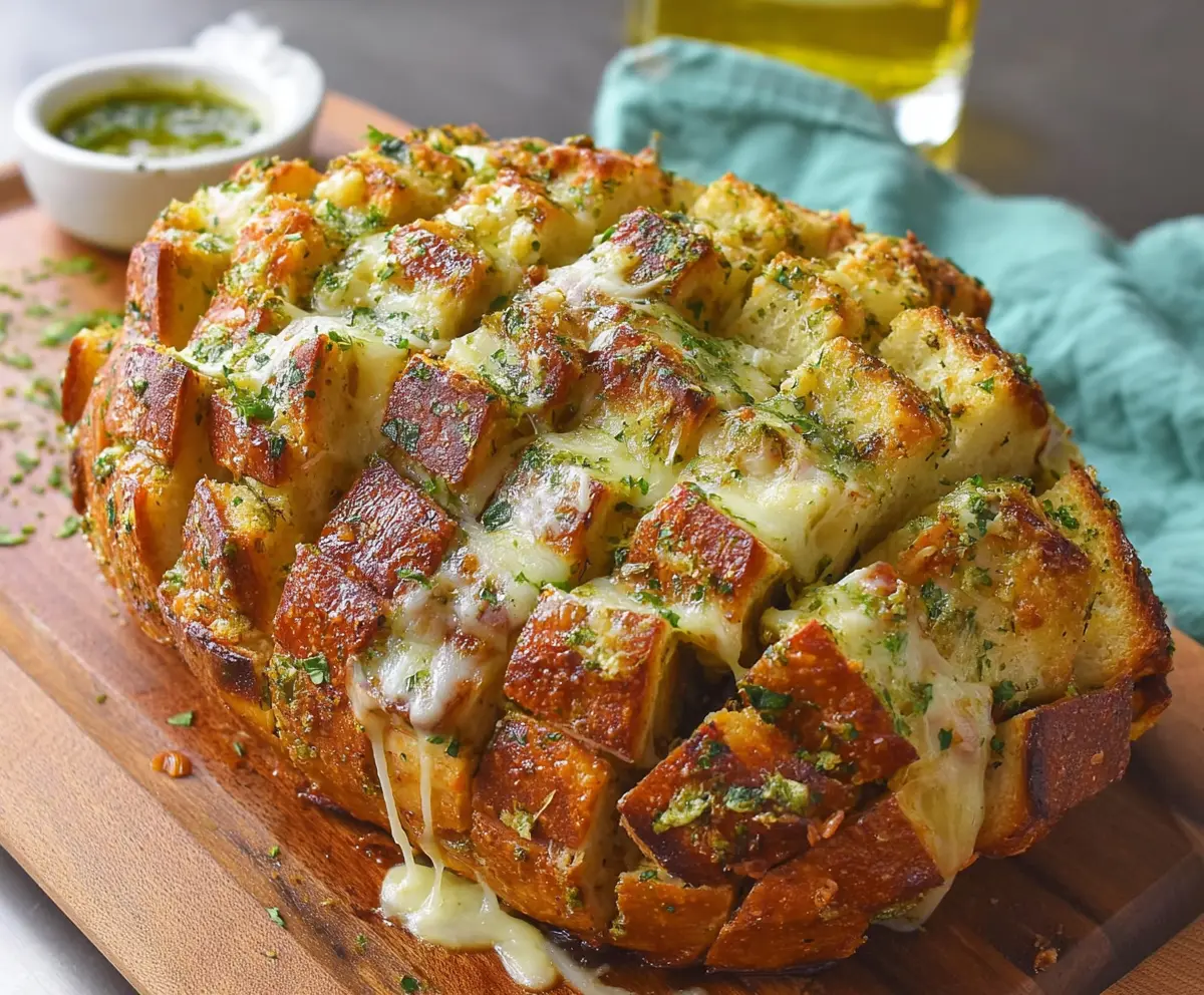 Delicious cheesy pull-apart garlic bread with gooey melted cheese and fragrant garlic toppings.