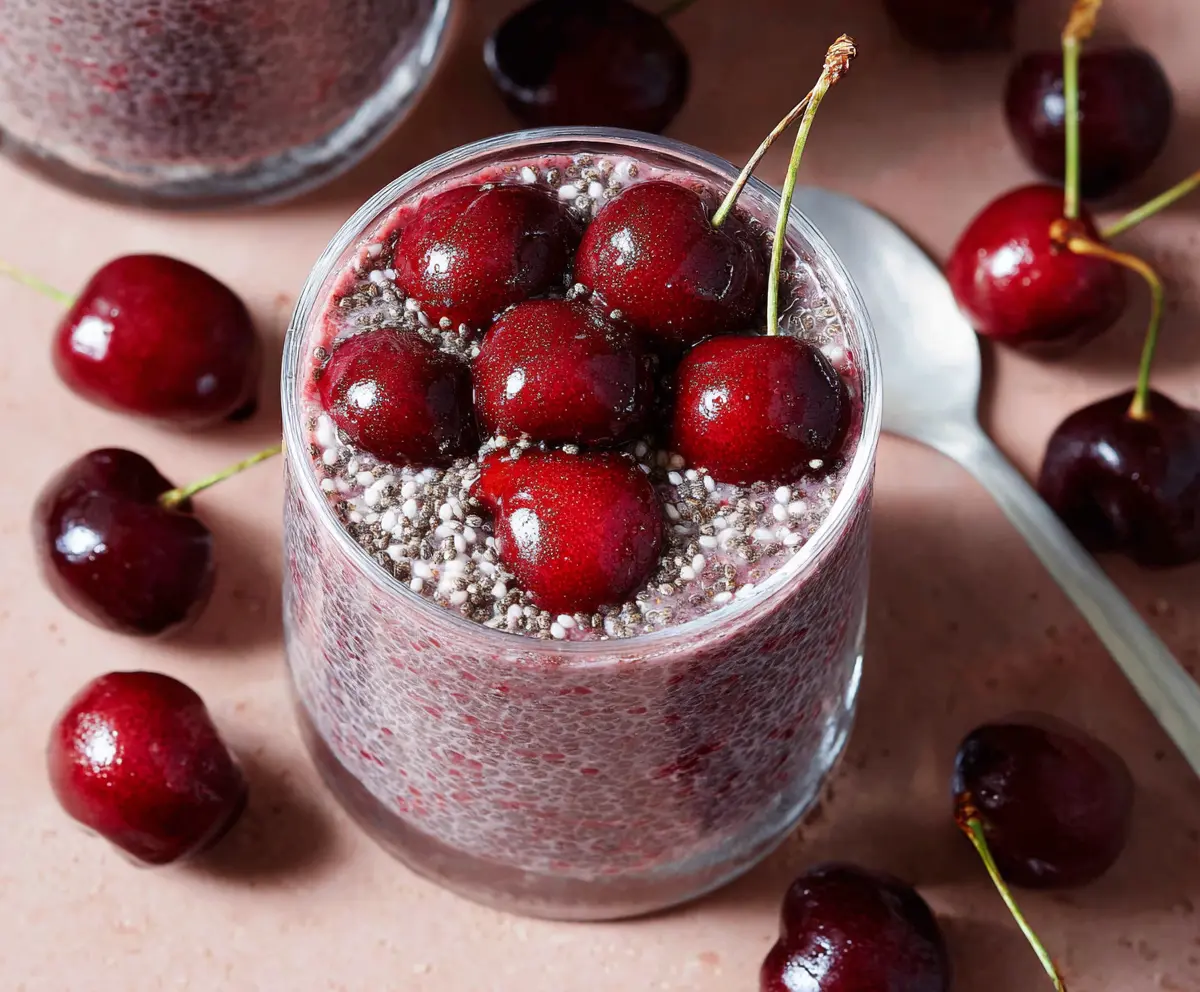 Delicious Cherry Chia Pudding in a glass bowl with fresh cherries and chia seeds