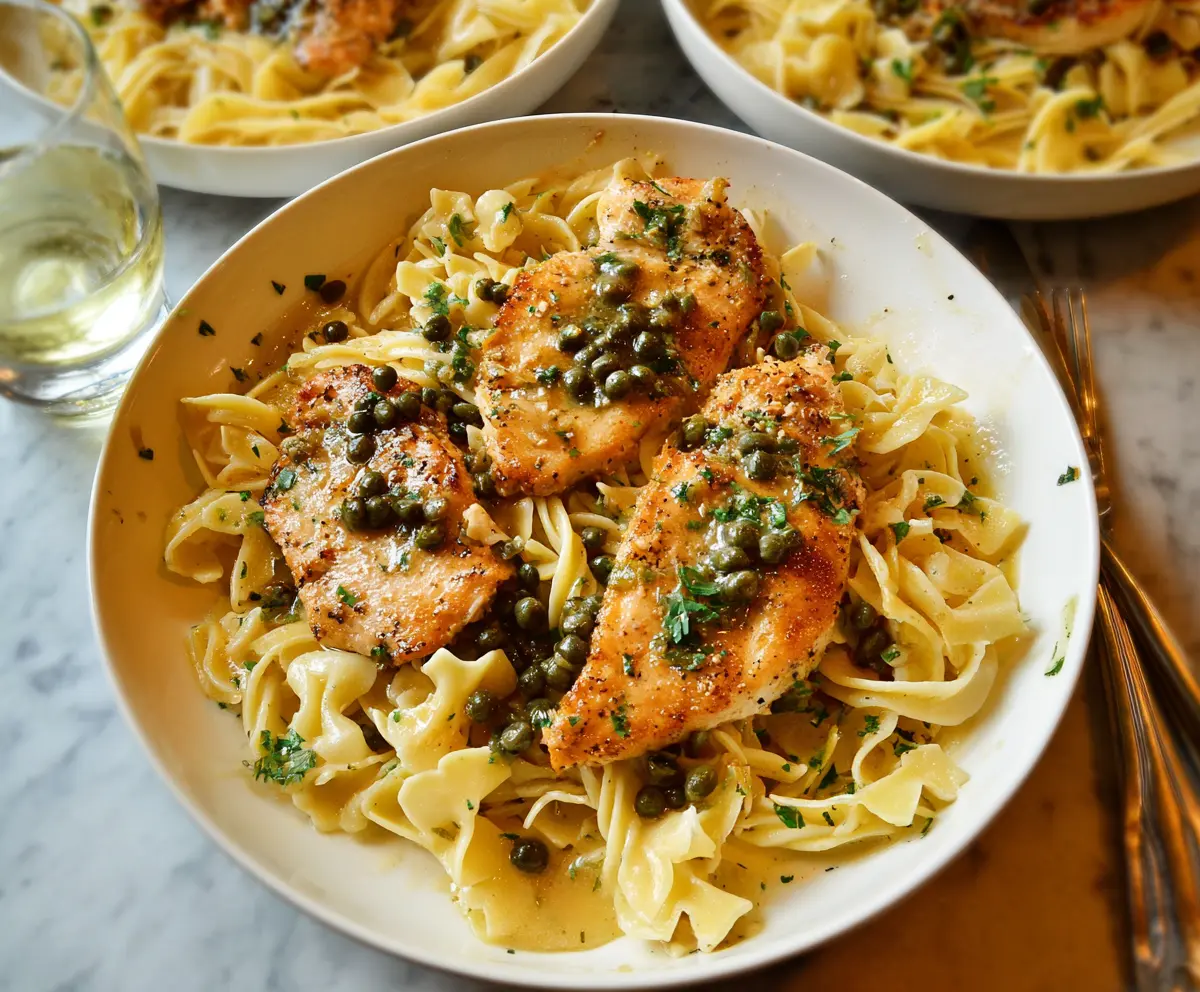 Delicious Chicken Piccata Pasta garnished with fresh herbs and lemon slices on a plate.