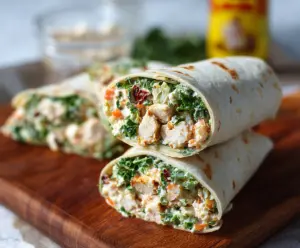 Healthy chicken salad protein wrap with fresh vegetables and whole grain tortilla