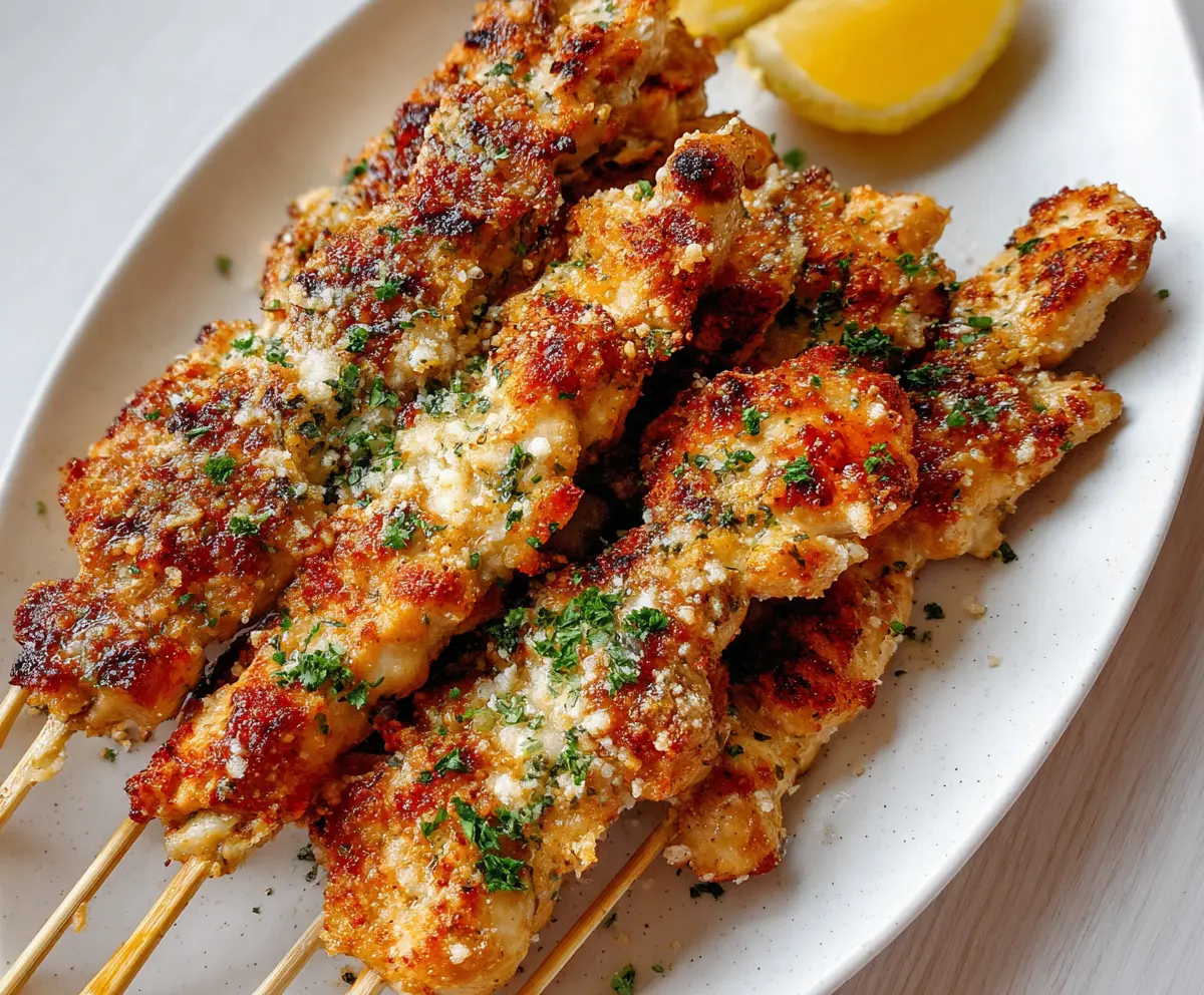 Delicious chicken skewers with garlic and parmesan cheese served on a platter.
