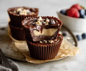 Delicious Chocolate Protein Yogurt Cups garnished with cocoa powder and fresh berries.