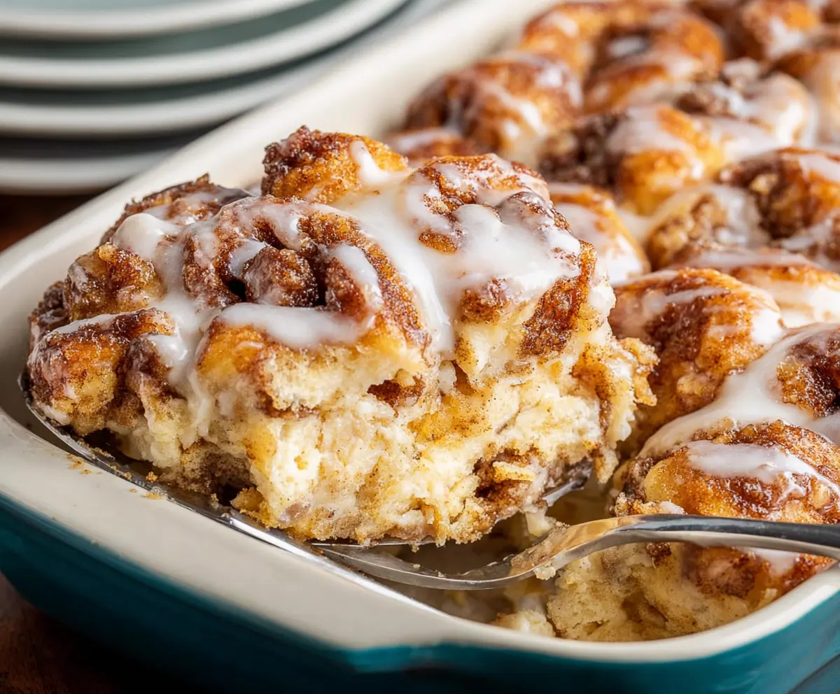 Delicious cinnamon roll casserole topped with icing, perfect for breakfast or brunch.