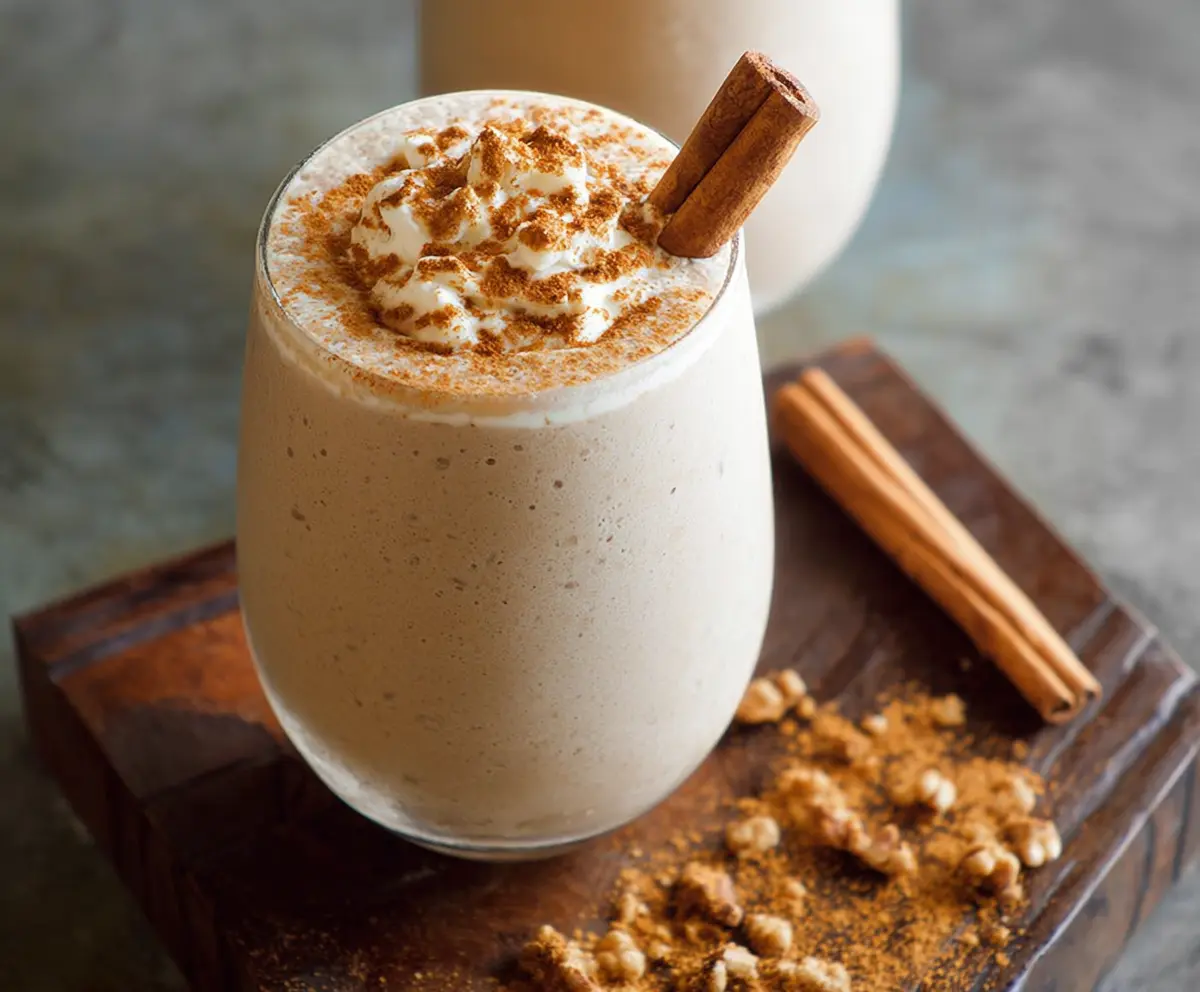 Creamy cinnamon roll protein shake in a glass with cinnamon swirls and whipped cream topping.