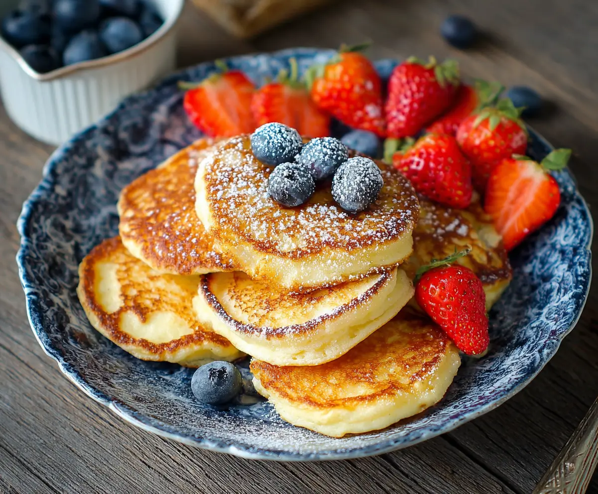 Delicious homemade cottage cheese pancakes served on a plate with fresh berries and syrup.
