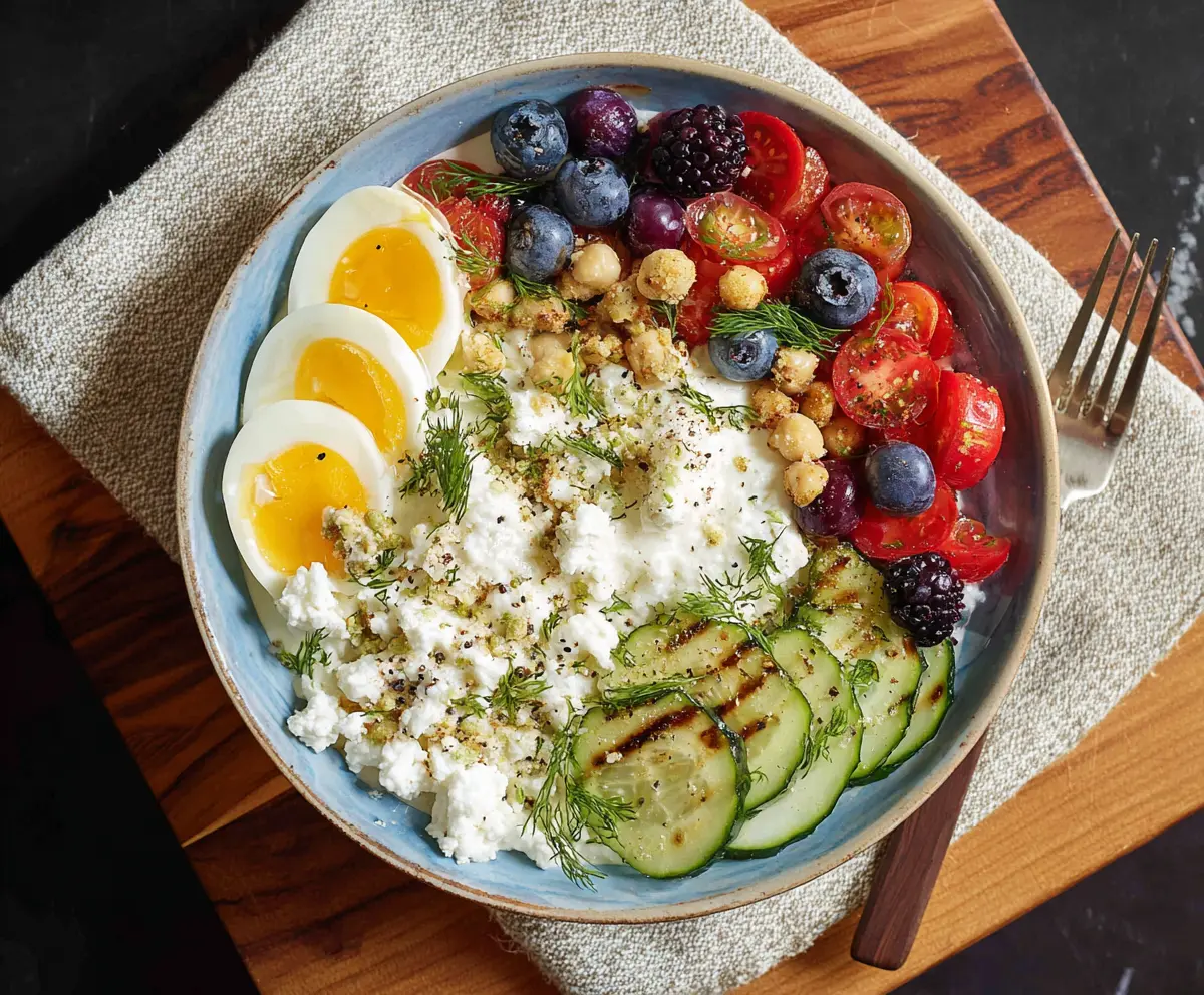 Healthy cottage cheese protein bowl topped with fresh fruits and nuts for a nutritious breakfast.